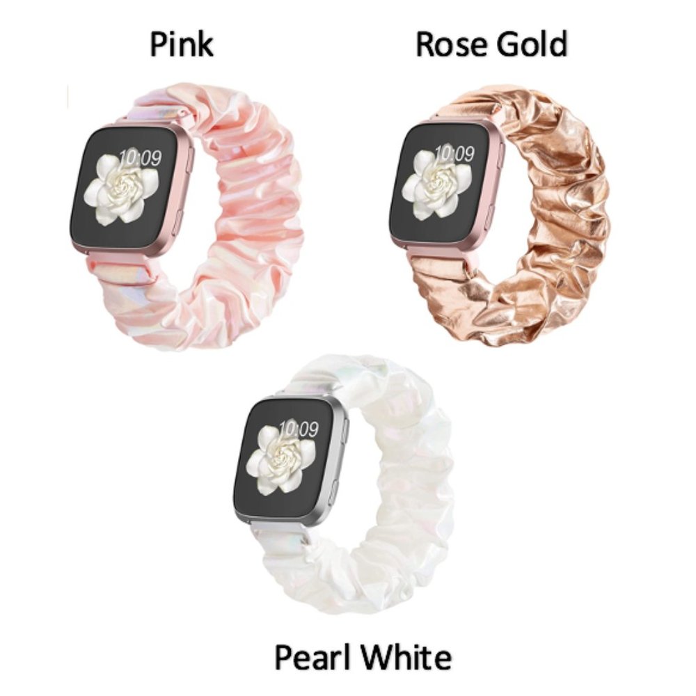 Fitbit Versa Scrunchie Elastic Stretch Smart Watch Strap, Pink White Rose Gold